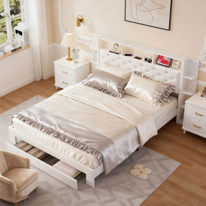 Cama de 140x190 cm - Terciopelo blanco - 2 cajones - LED y USB - Somier de láminas incluido