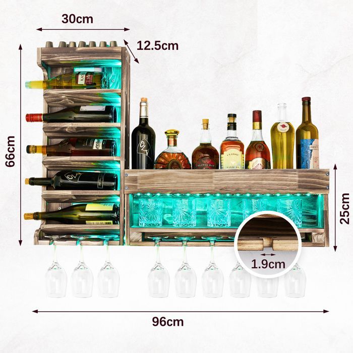 Botellero de pared Yorbay con iluminación LED, estante para botellas y soporte para copas, montaje gratuito y fácil de combinar.
