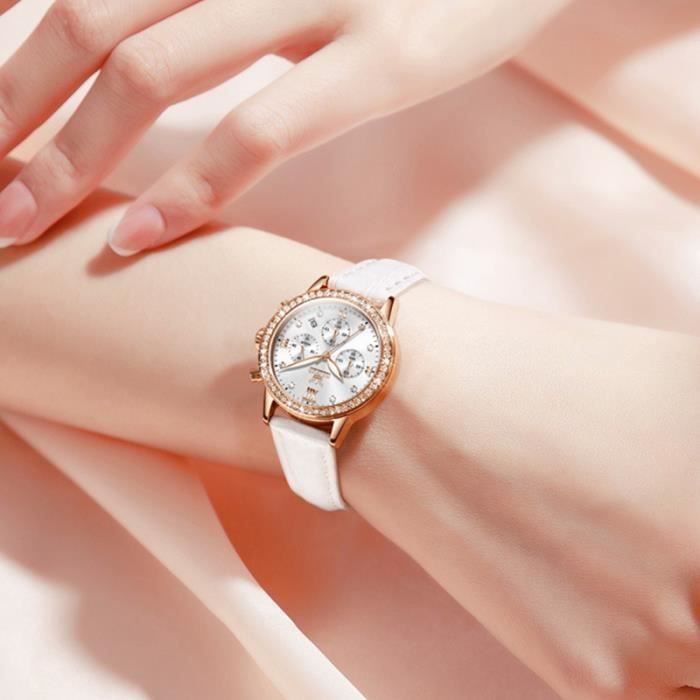 Orologio da donna SHARPHY luminoso, multifunzione e impermeabile con cinturino in pelle bianca e design con diamanti: alla moda, elegante e lussuoso.