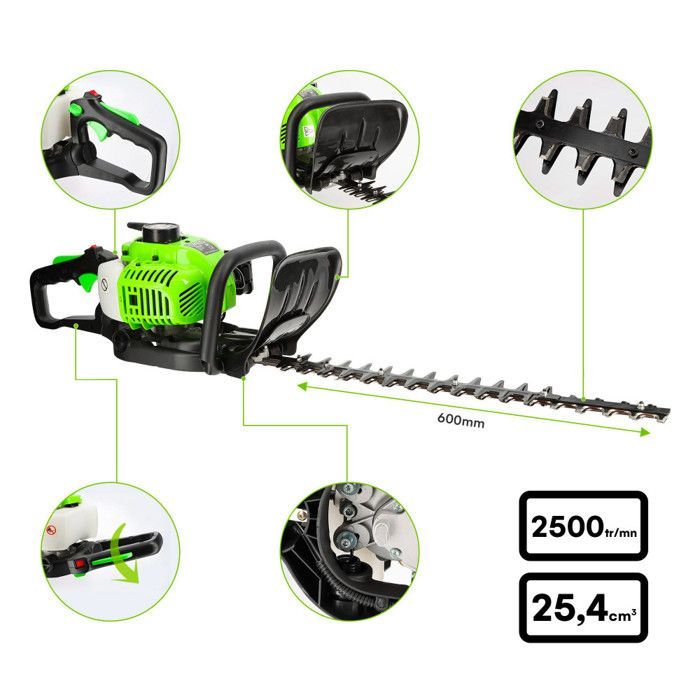 Taille-haie thermique - Moteur 2 temps 25,4 cm3 - Longueur de coupe 60cm - Réservoir 230ml - Anti-vibrations - Poignée rotative