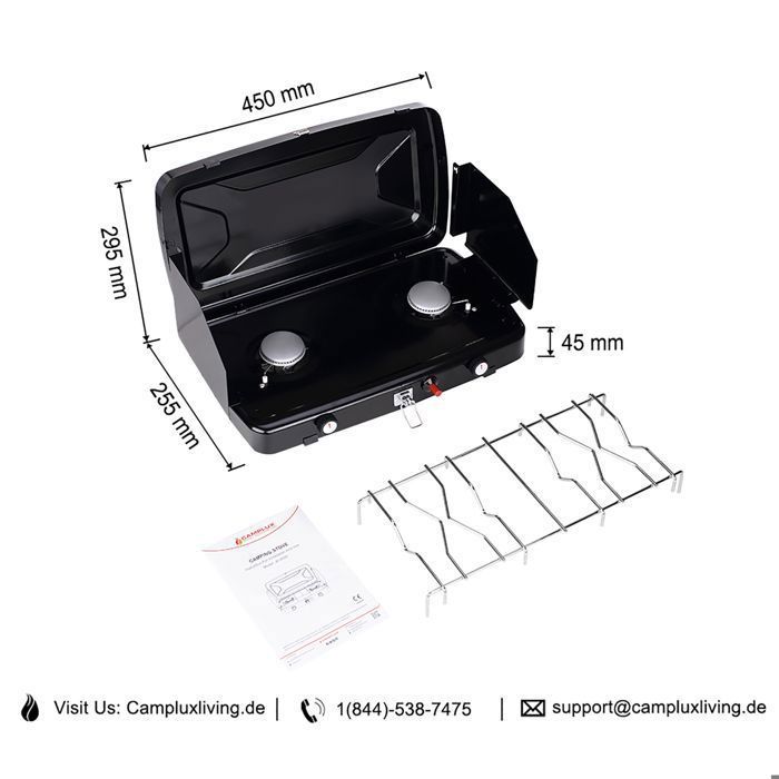 Camplux JK-8620, fornello a gas portatile pieghevole a 2 fuochi da campeggio.