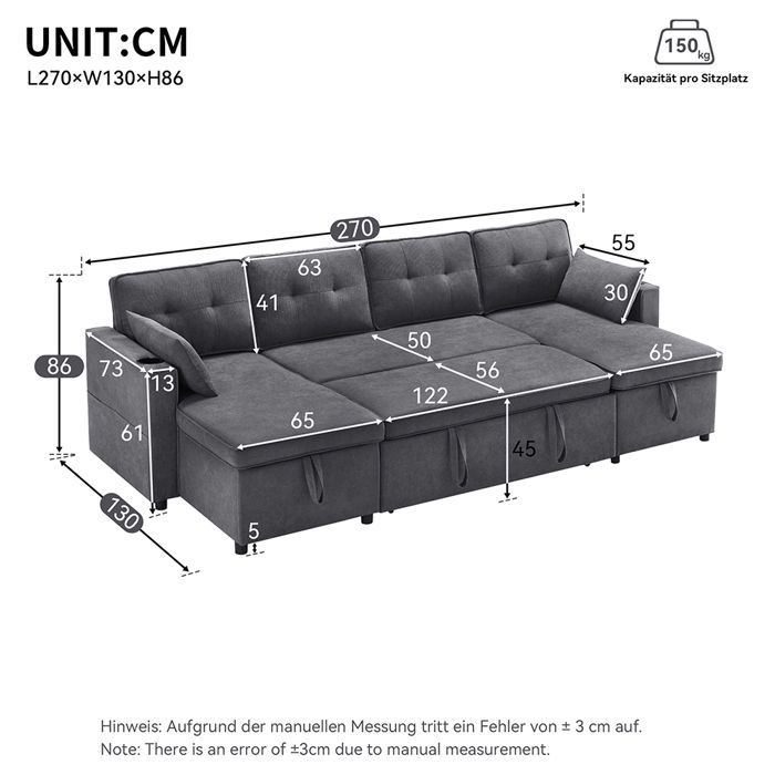 Canapé d'angle Convertible avec Porte-gobelet et Rangement, 4 Places en U, Canapé lit avec Fonction Couchage, Coton et Lin, Gris