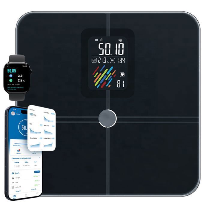 Bathroom Scale, Bluetooth Smart Scale with 22 Data Points, Heart Rate Monitor, VA Display, Compatible with iOS & Android App, Max. 180kg