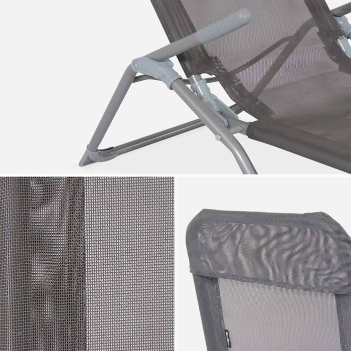 Lot de 4 bains de soleil pliants - Levito Anthracite - Transats textilène 2 positions. chaises longues