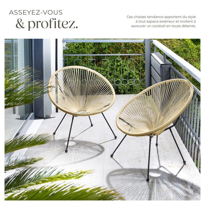 Fauteuils de jardin - TECTAKE - Lot de 2 chaises de jardin SANTANA avec Cordage élastique en polyéthylène 70,5 x 69 x 78 cm - Beige