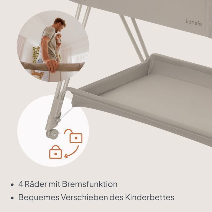 Lit cododo bébé 3en1 LIONELO Luna - Berceau - 4 x Roulettes - Matelas inclus - Hauteur et inclinaison réglables - Beige