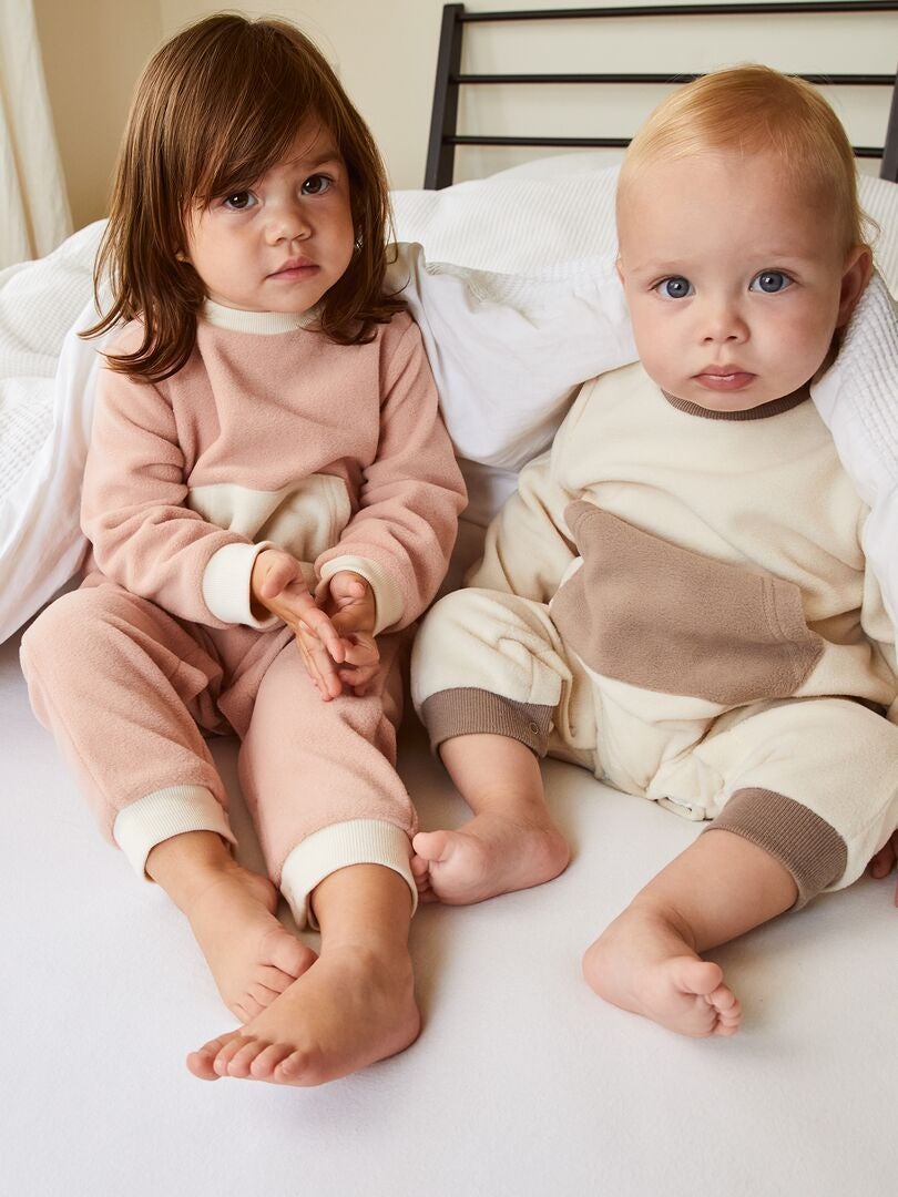 Pijama de lã polar bicolor com bolso canguru - ROSA