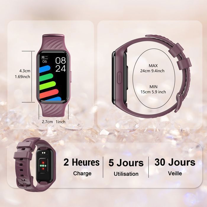 Blackview dames smartwatch met hartslag-/SpO2-meting, stappenteller, 24 sportmodi, 2 bandjes en Android iOS - Paars