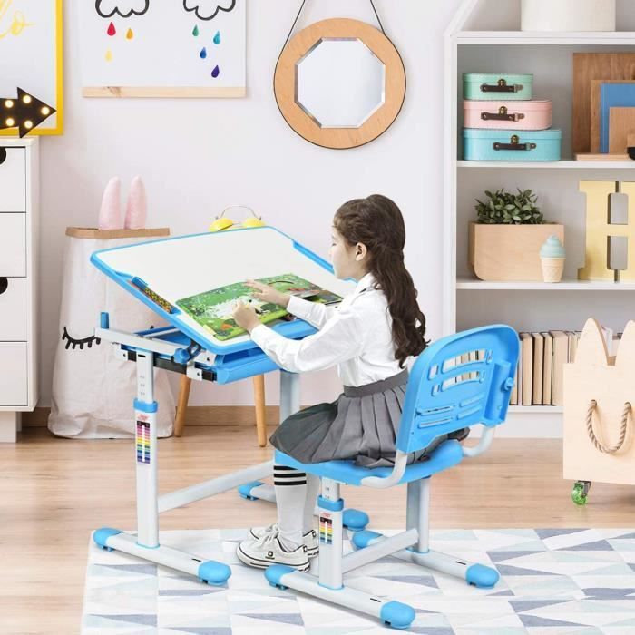 COSTWAY Ergonomic Children's Desk Set with Adjustable Height and Angle (0-40°), Table and Chairs, Drawing Table with 1 Drawer, Blue