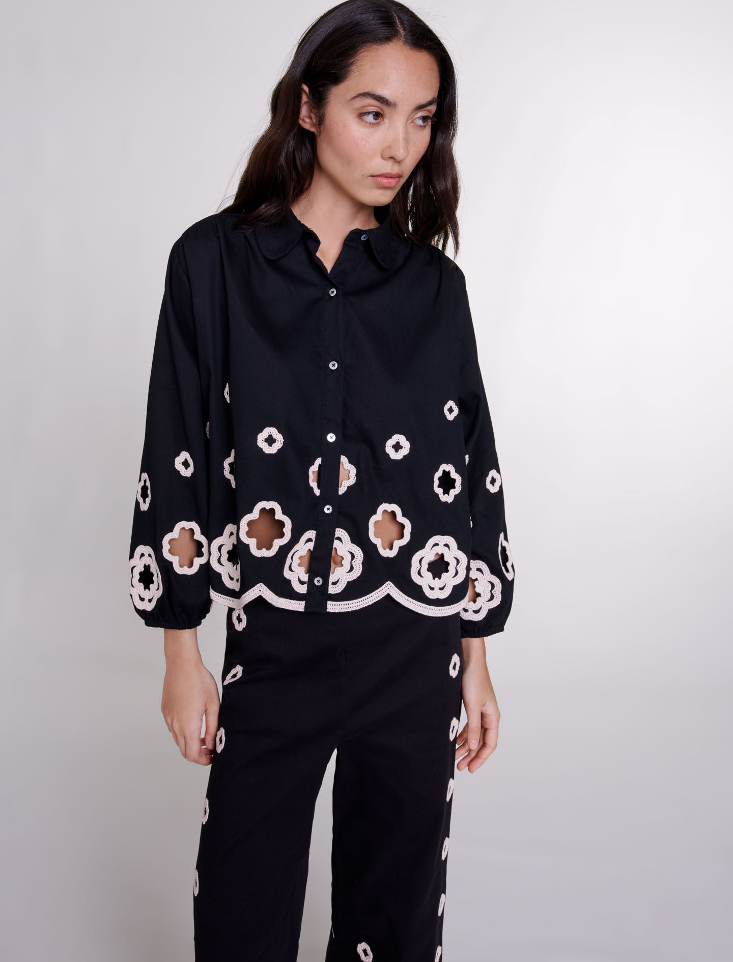 Shirt met gehaakte klavertjes - Zwart