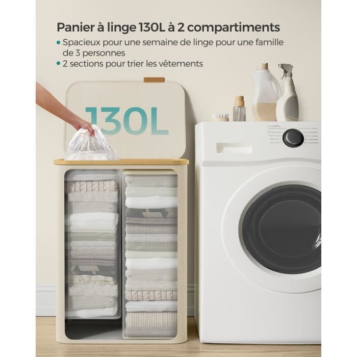 Cesto de ropa con tapa, 2 compartimentos, 130 L, bolsa extraíble, tela Oxford, plegable, 52 x 38,5 x 70,5 cm, blanco crema