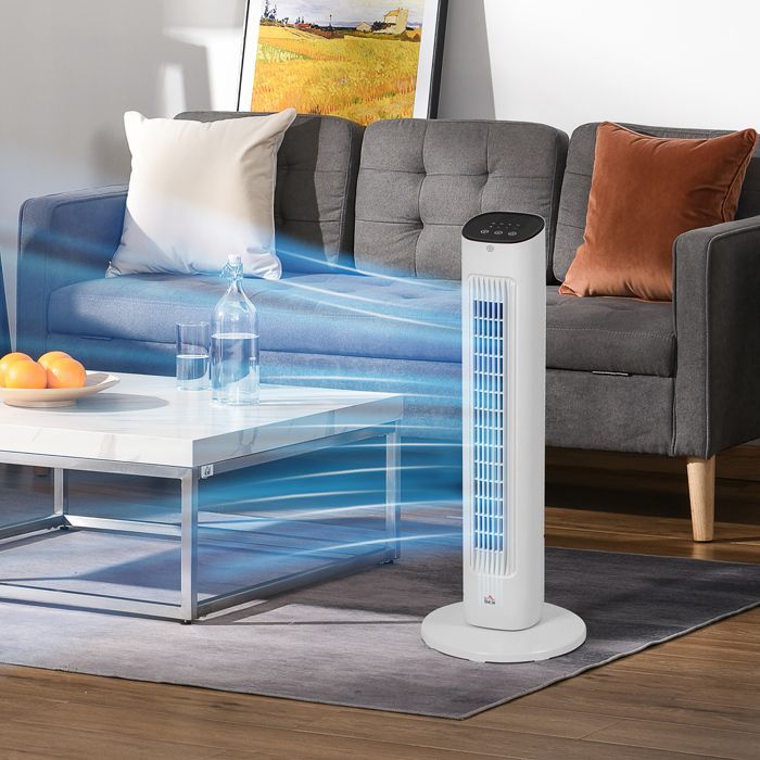 Ventilador de torre - HOMCOM - mando a distancia - silencioso - 3 velocidades - temporizador y oscilación de 85° - pantalla LED - blanco