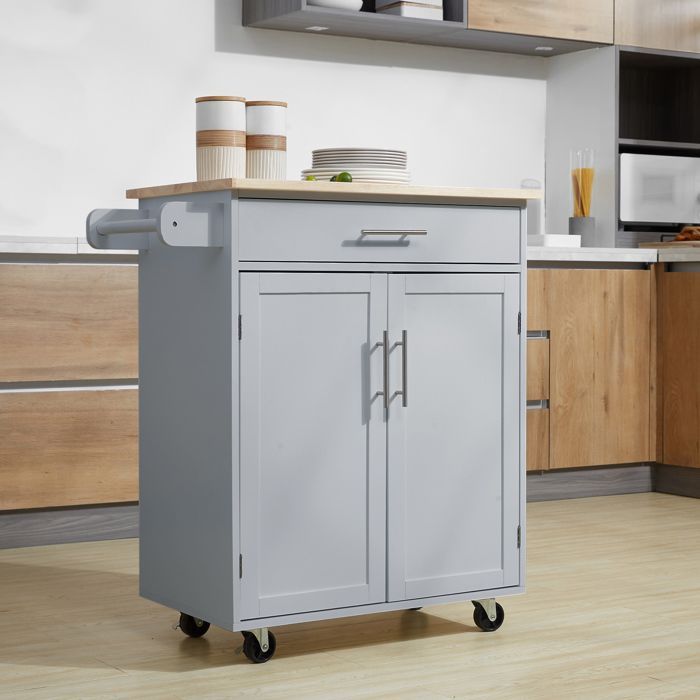 Carrito de cocina con ruedas, carrito de servicio, isla de cocina con cajón y toallero - gris