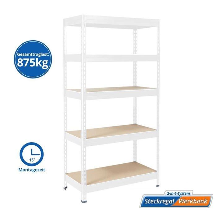 Estantería metálica reforzada de alta resistencia Grizzly, 5 niveles, blanca, 180 x 90 x 60 cm, carga máxima: 875 kg