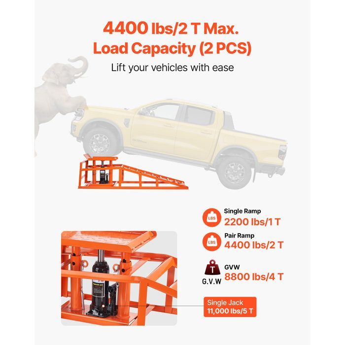 Rampa elevadora para coches VEVOR - 2 piezas - Rampa de acceso para coches - con gato hidráulico de 5T - Altura de elevación de 27 a 36 cm