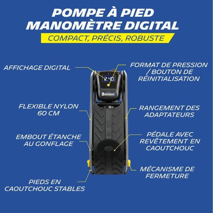 Pompe à pied à manomètre digital - MICHELIN - Précision 0.05 bars jusqu'à 7 bars.
