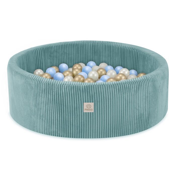 MISIOO Round Corduroy Ball Pit for Baby and Children's Room, Blue, 90x30 cm, 200 Balls: Blue/Gold/Pearl White