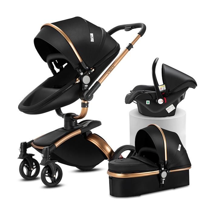 Poussette 3 en 1 Magic ZC Poussette Poussette trio Poussette Pliage automatique Cuir PU Rotation à 360° Avec Grand panier Noir