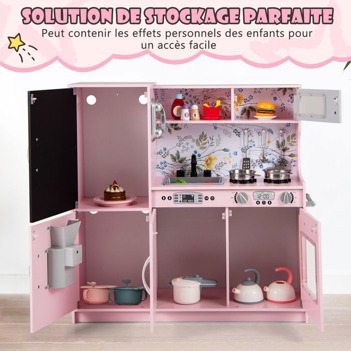 COSTWAY Cuisine Enfants 3 - 6 Ans en Bois avec Téléphone, Tableau Noir, Micro-ondes, Machine de Glaçons, 7 Accessoires Rose Clair