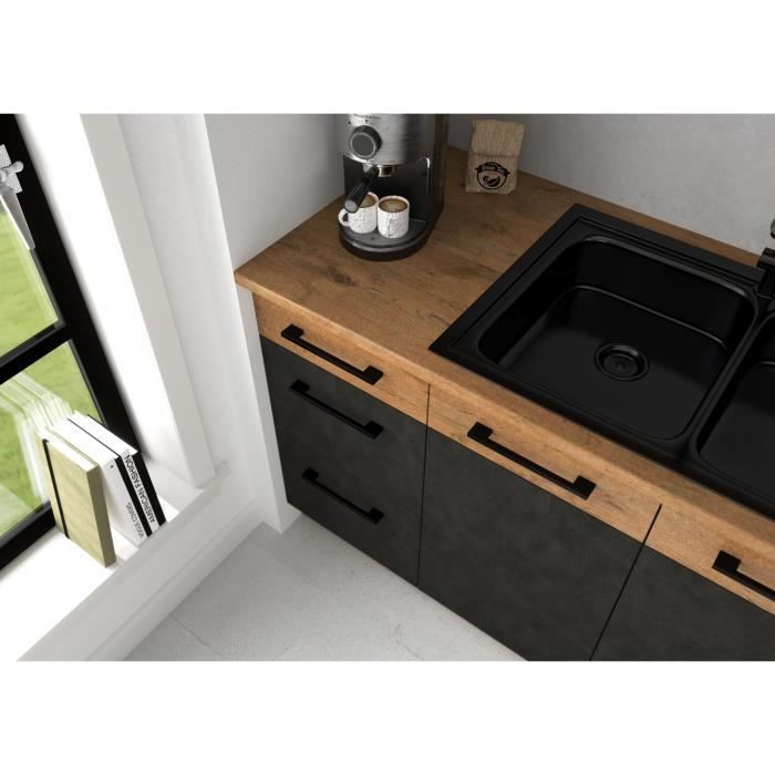 Cocina completa ROCK L180 cm - 5 módulos + mueble para horno - Acabado en melamina color roble Lancelot y gris Matera - Encimera antiadherente