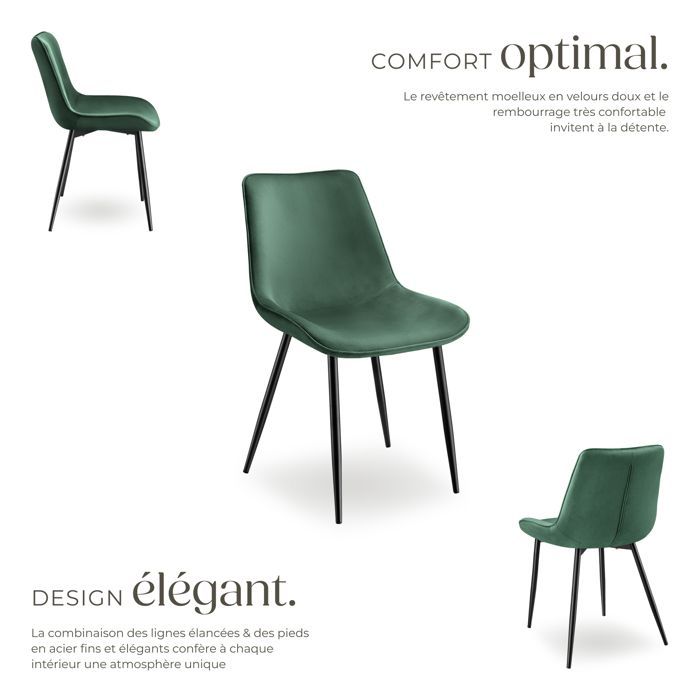 Chaises - TECTAKE - Lot de 2 fauteuils MONROE rembourrés aspect velours assise ergonomique et pieds en acier noir - Vert Foncé