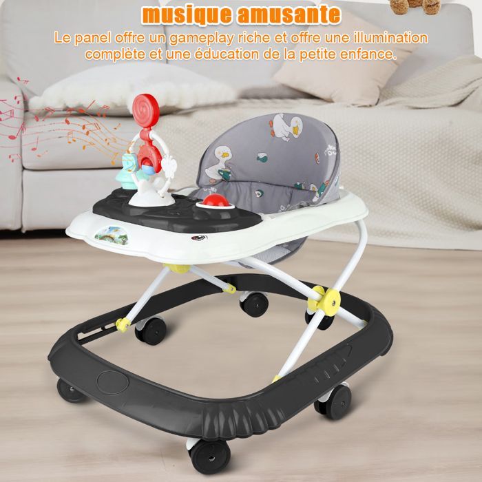 Noir Trotteur Pliable pour Bébé Garçon fille 6-18 Mois, Marcheur avec 4 Hauteur Réglable 37-43cm, Musique plateau amovible,