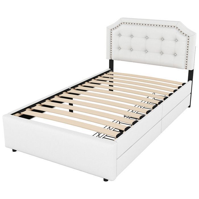 Cama individual de 90x200 cm para adultos con 2 cajones, cama de noche tapizada con remaches decorativos - SWEIKO - Beige claro
