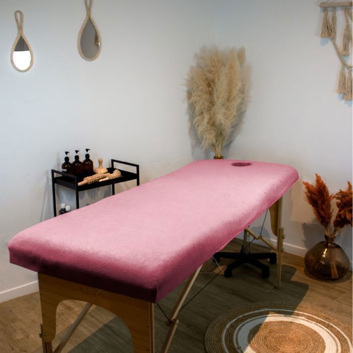 Protective fitted sheet in terry cloth for massage table - Pastel pink - Vivezen