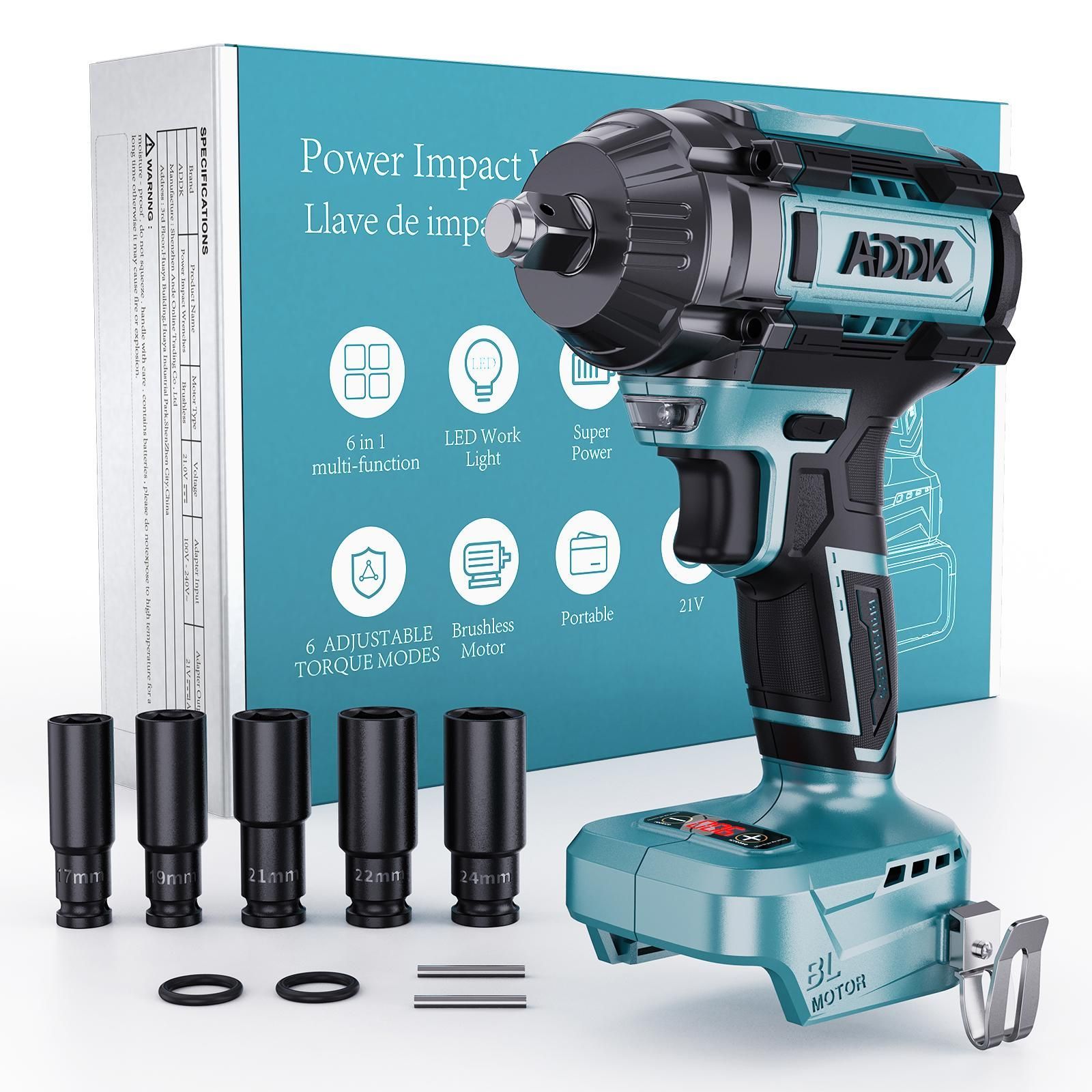 Llave de impacto eléctrica inalámbrica LUMINARIX - 21 V - 1000 Nm - 6 velocidades ajustables - Diseño ergonómico