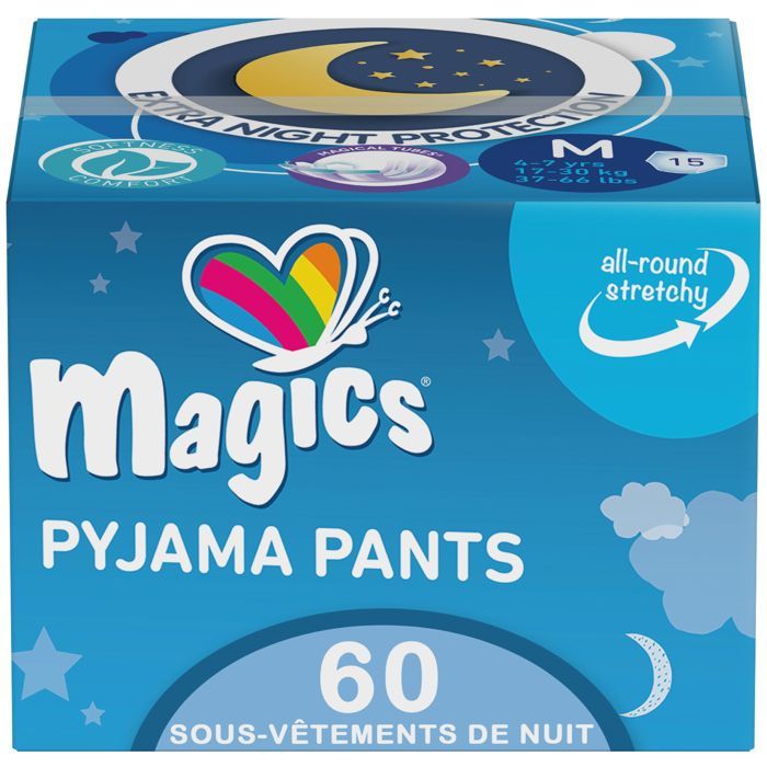 Magics Night Pants - 60x Couches Culotte de Nuit Absorbants - Enfants 4-7 Ans, Taille M (17-30 Kg) - Sous-Vêtements Fuite Urinaire
