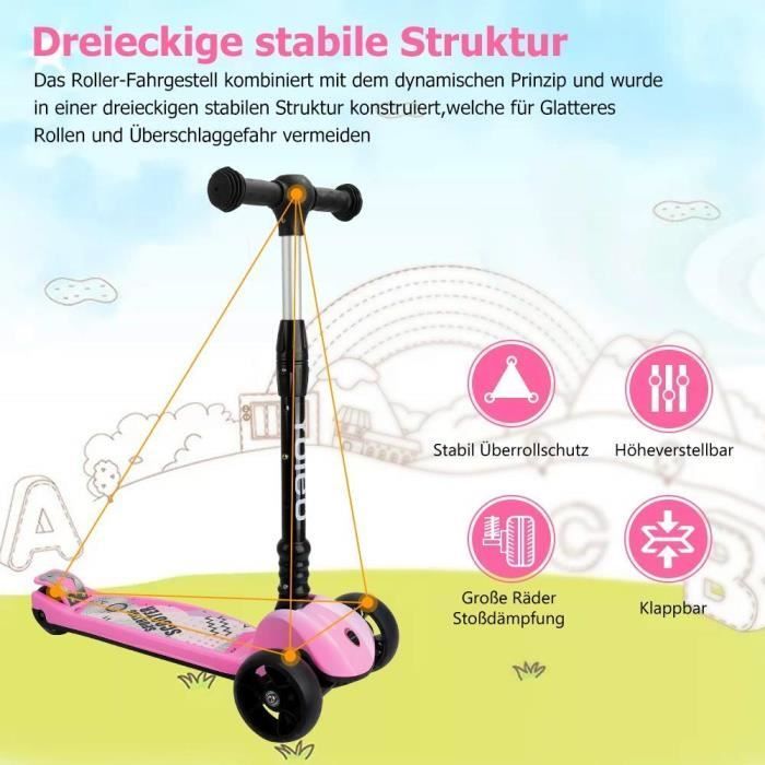 Trottinette 3 Roues Enfant YOLEO® Hauteur Réglable 65 à 78 cm Avec LED Roules Rose