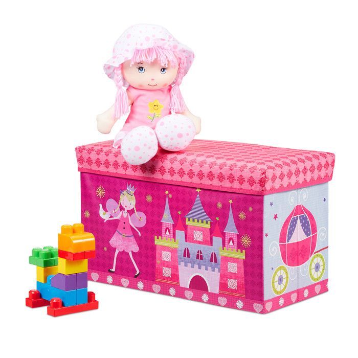 Relaxdays Tabouret Coffre à jouets boîte à jouets couvercle pouf enfant pliable princesse rangement fille 50L, rose