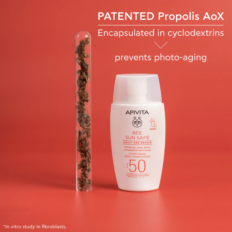 Fluido protetor solar diário Apivita Bee Sun Safe Age Repair FPS 50, antirrugas.