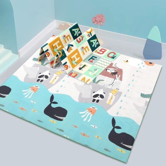 Baby play mat, double-sided crawling mat, animal and alphabet designs, foldable floor mat 200 x 180 x 1 cm