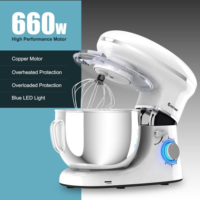 Costway 6 rychlostí 660W hák na těsto metla 6,3 l naklápěcí hlava stojan na potraviny bílý