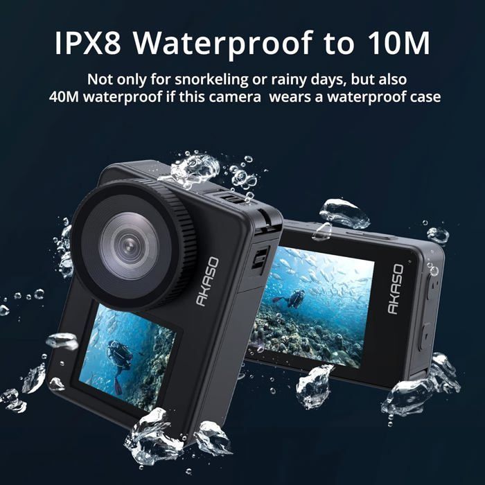 AKASO Brave 7 4K Caméra Sport IPX8 10M Étanche Écran Tactile 30FPS 20MP EIS 2.0 110'' WiFi 512GB Commande Vocale Support Micro Noir