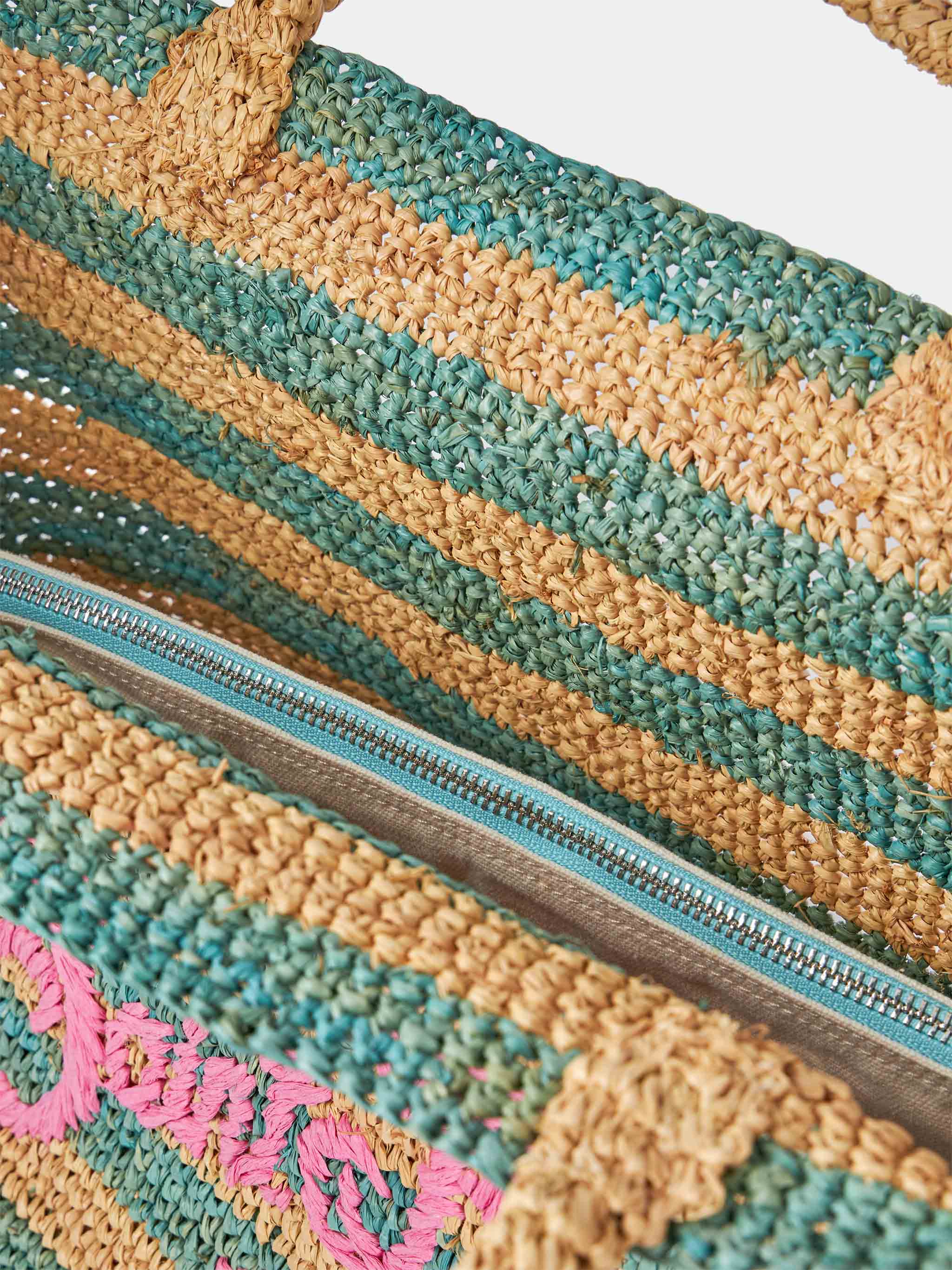 Raffia strandtas met turquoise gestreepte print en geborduurd Saint Barth-logo - Afneembaar katoenen etui | MC2 Saint Barth