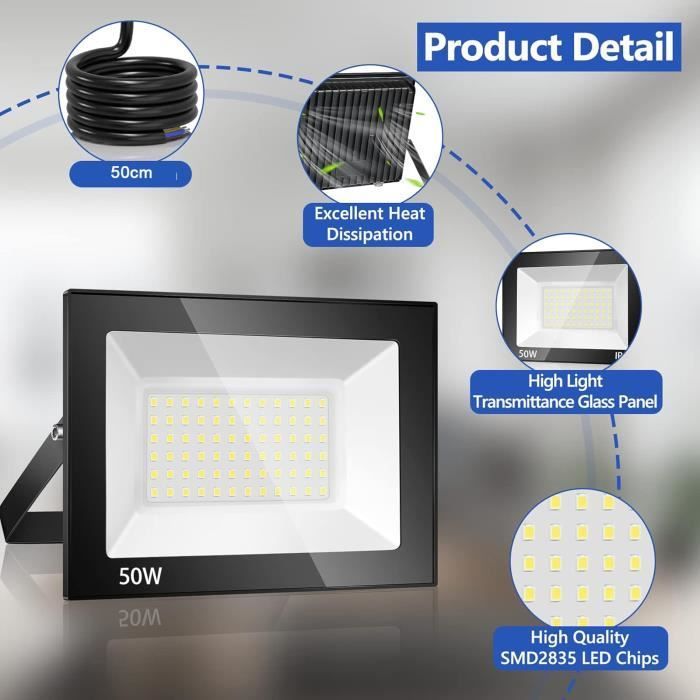 focos LED exteriores de 50 W, 5000 lúmenes, 6500 K, IP66, luz blanca fría, para patio, garaje, jardín, terraza, fábrica.