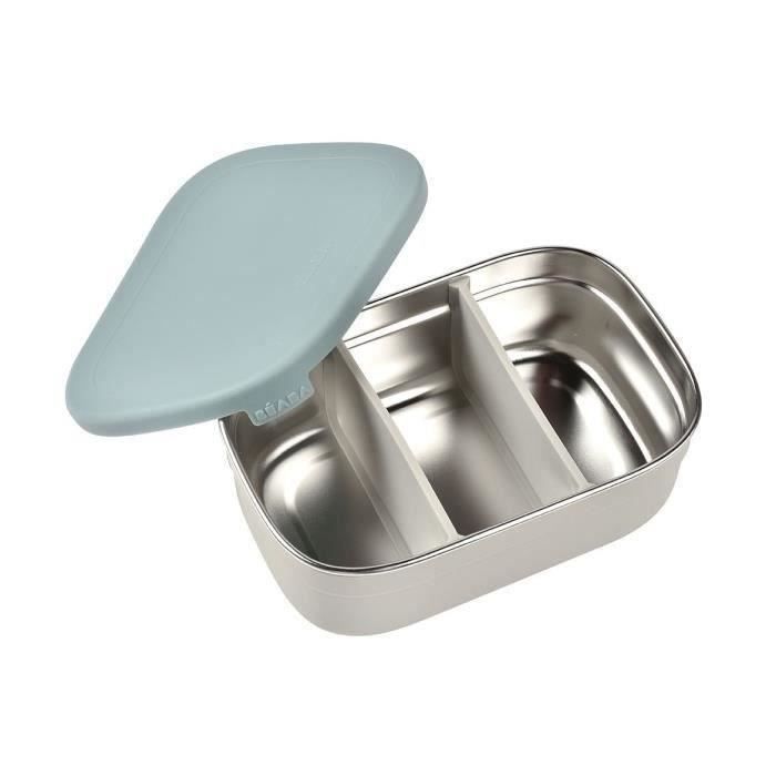 BEABA, Fiambrera infantil de acero inoxidable con tapa de silicona y cubierta protectora, color gris terciopelo y azul.
