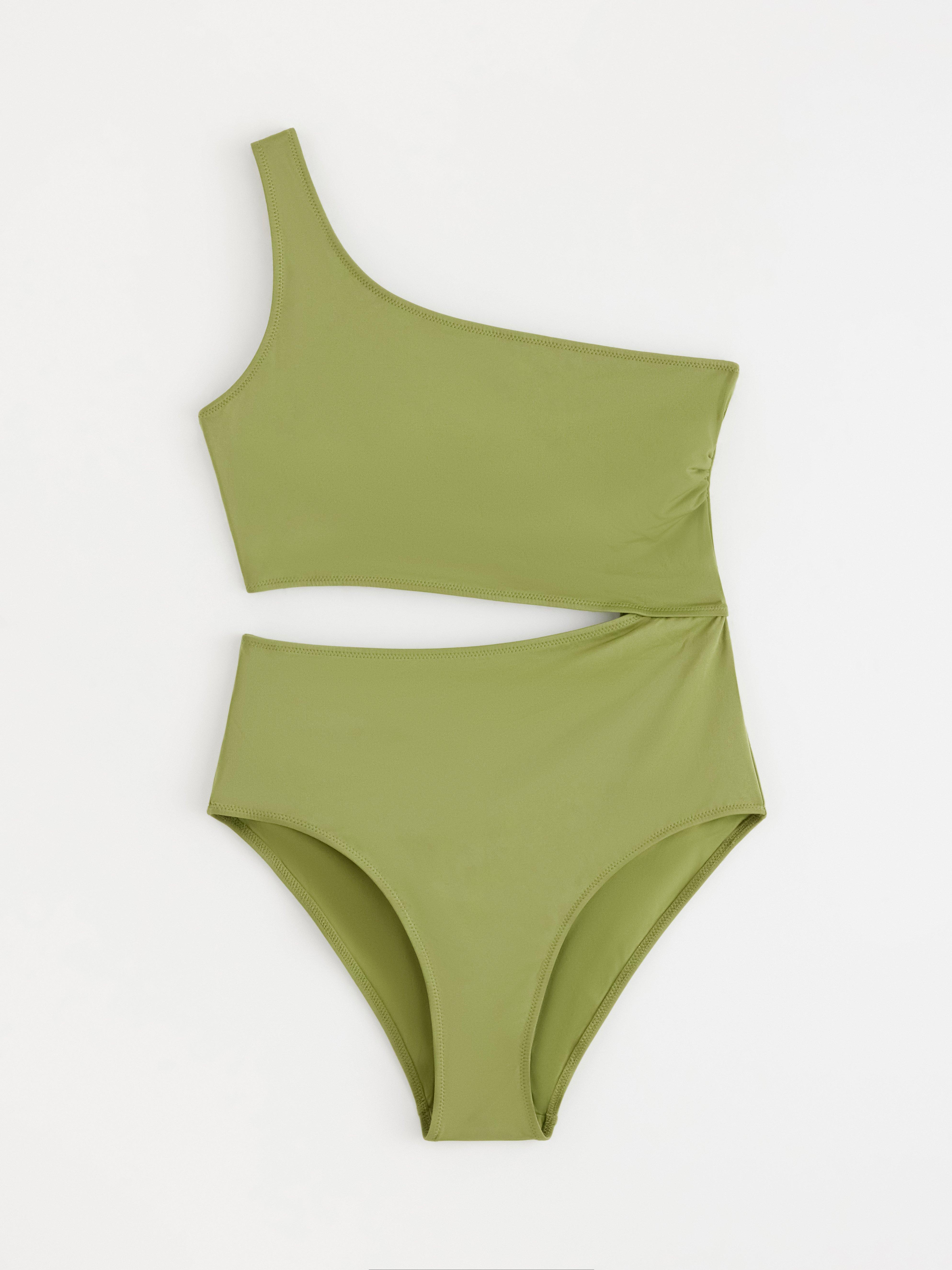 Costum de baie cu un umăr Verde deschis prăfuit