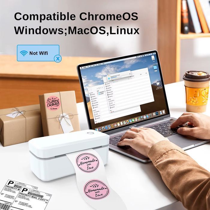 Imprimante Thermique Étiquettes d'Expédition, Bluetooth/USB, 203 DPI, 10x15 cm (4x6), 150mm/s, Blanc