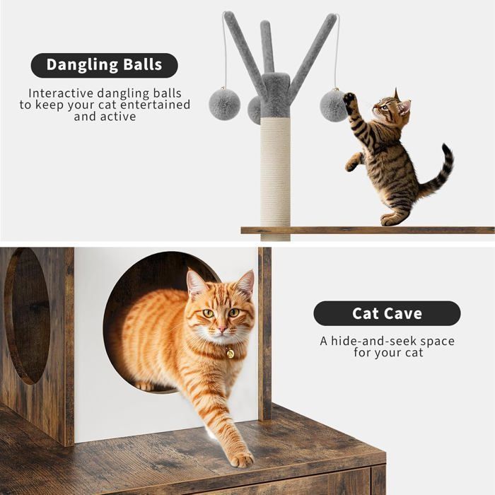 Árvore para Gatos com Caixa de Areia, Unidade Sanitária de Madeira para Gatos com Torre, Arranhador, Poleiro e Plataformas - Marrom