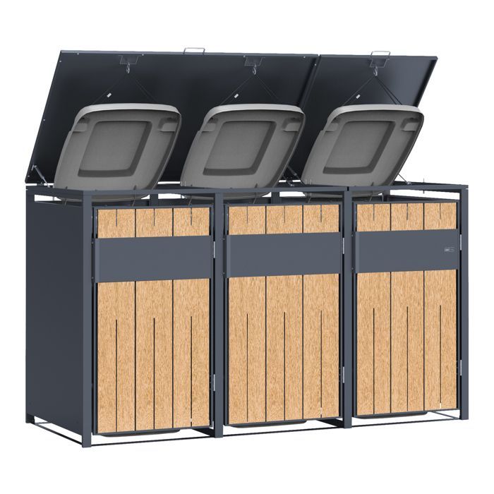 Caseta metálica para contenedores AXI Luke, antracita/efecto madera - Cobertizo para 3 contenedores - Máx. 240 L - Cobertizo para contenedores de exterior