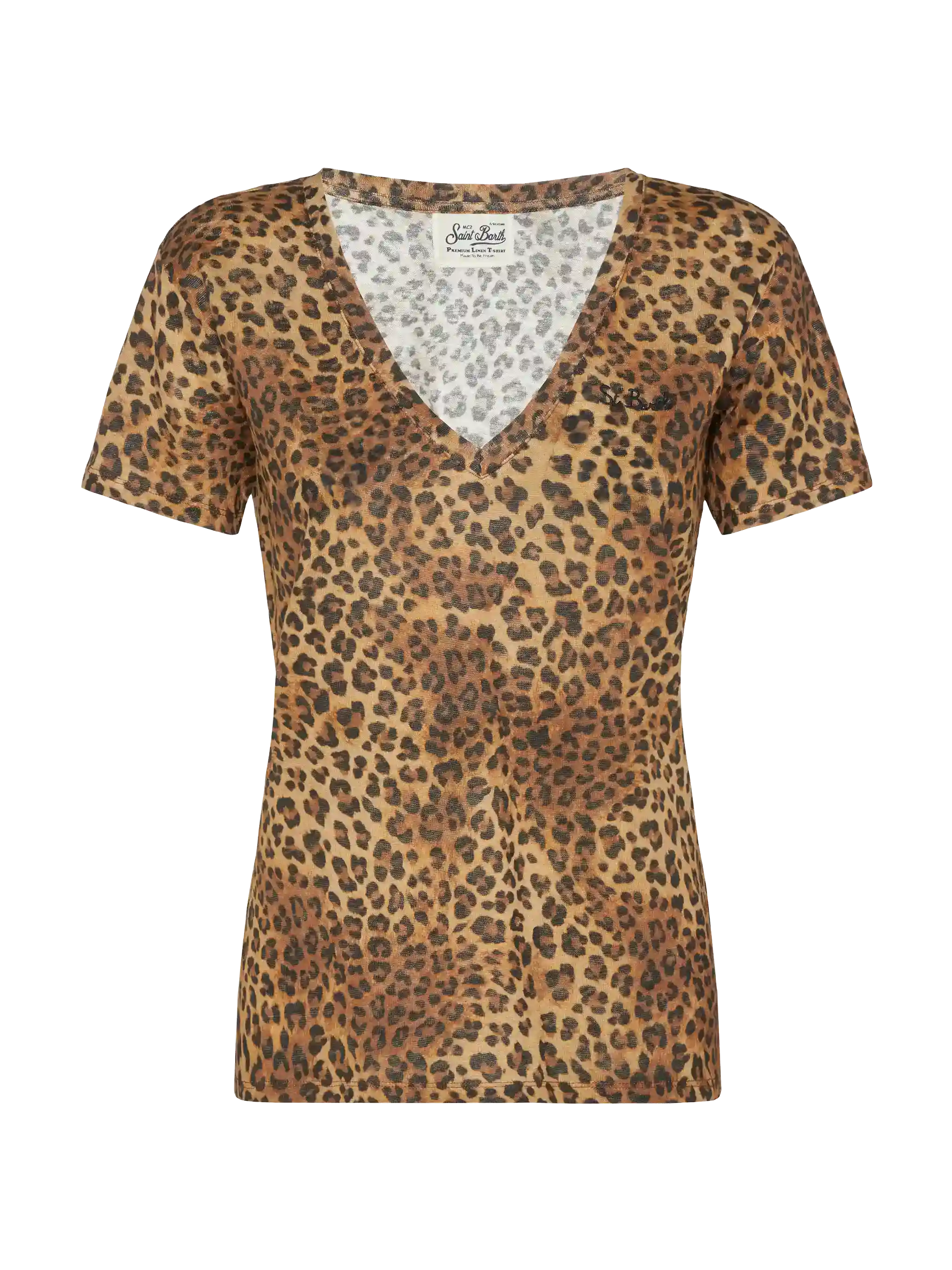 Eloise T-shirt met V-hals van linnenjersey met dierenprint.