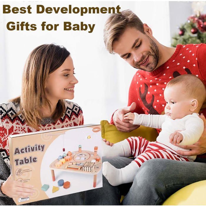 Mesa de atividades de madeira para bebês - ZUUKO - Montessori - Labirinto de contas - Classificador de formas - Oitava musical