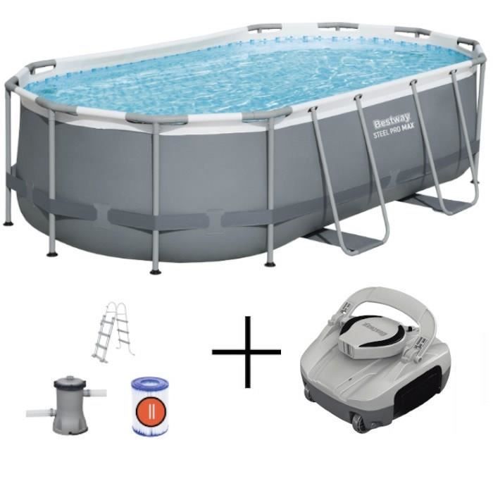 Kit de piscina tubular elevada BESTWAY - Steel Pro MAX™ - 427 x 250 x 100 cm - Ovalada + Robot de piscina Quartz