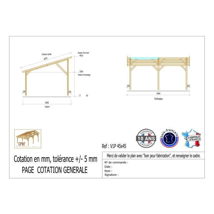 Premium-Carport aus französischer Douglasie, 21 m² – Pultdach – 6 Pfosten – Unterstand für 2 Fahrzeuge – 10 Jahre Garantie
