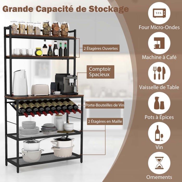 GIANTEX 6-laags opbergrek in industriële stijl, wijnflessenrek, metalen frame, 90x35x165cm, voor woonkamer, keuken