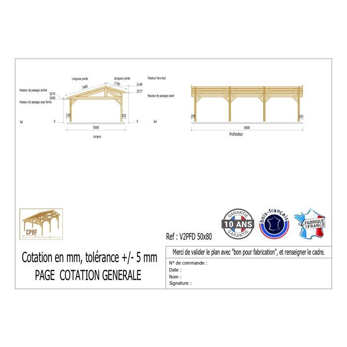 Carport aus französischer Douglasie, 40 m² – 2 Dachflächen mit versetztem First – 8 Pfosten – Unterstand für Ihr Auto im Freien – 10 Jahre Garantie