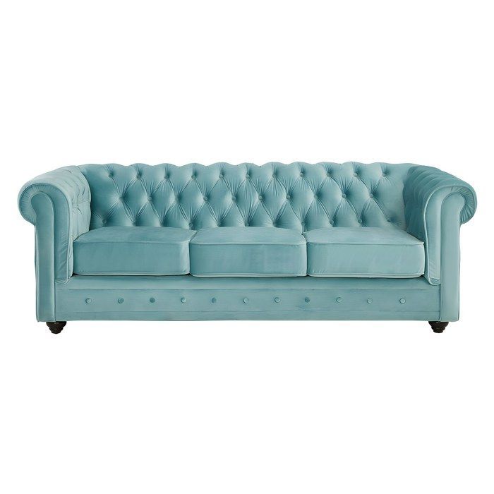 Divano a 3 posti, divano a 2 posti e poltrona CHESTERFIELD in velluto azzurro pastello